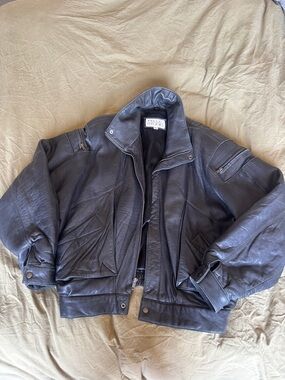 Vintage Pelle Studio Dark Black Leather Bomber Jacket
